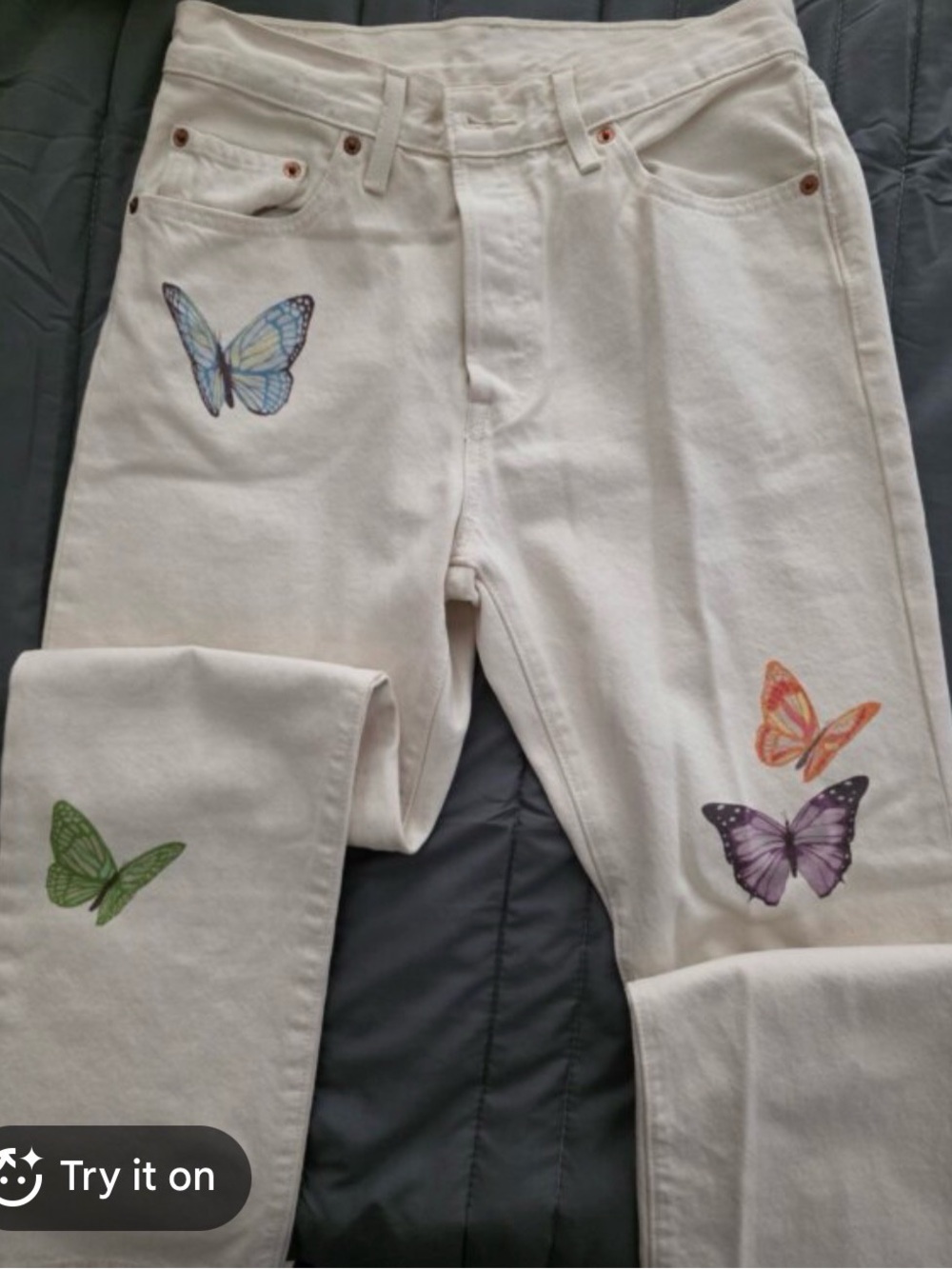 Levi's 501 Button Fly Jeans Cream Butterfly Print Size 26x28 - Picture 4 of 8